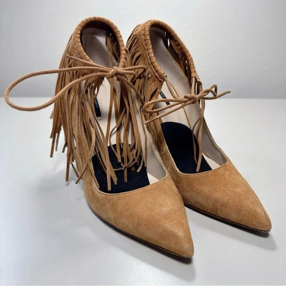 Zara Womens 38 Suede Leather Fringe Cowgirl Heel  Shoes - Picture 2 of 14
